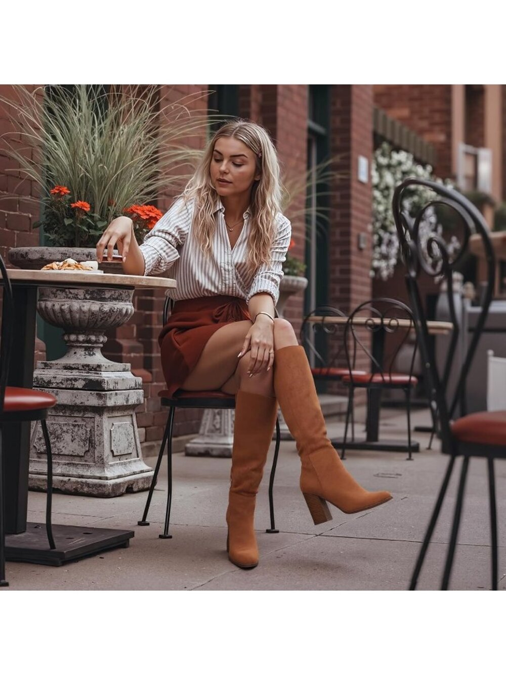Women's Brown Comfortable Chunky High Heel Round Toe Side Zipper Knee High Boots